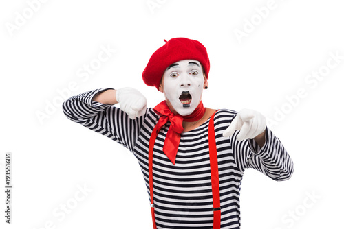 shocked mime pointing on camera isolated on white