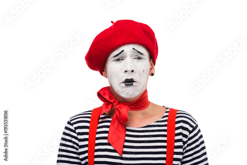 crying mime with red bow isolated on white
