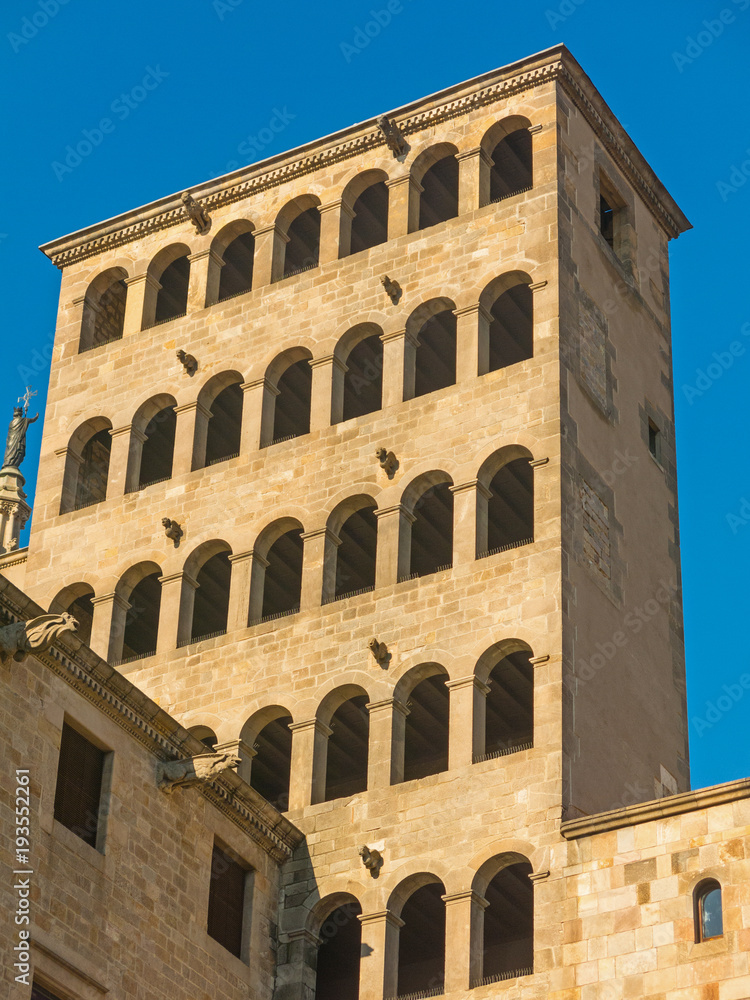King's Martin Watchtower in King Square. Gothic Quarter in Barcelona, Catalonia, Spain