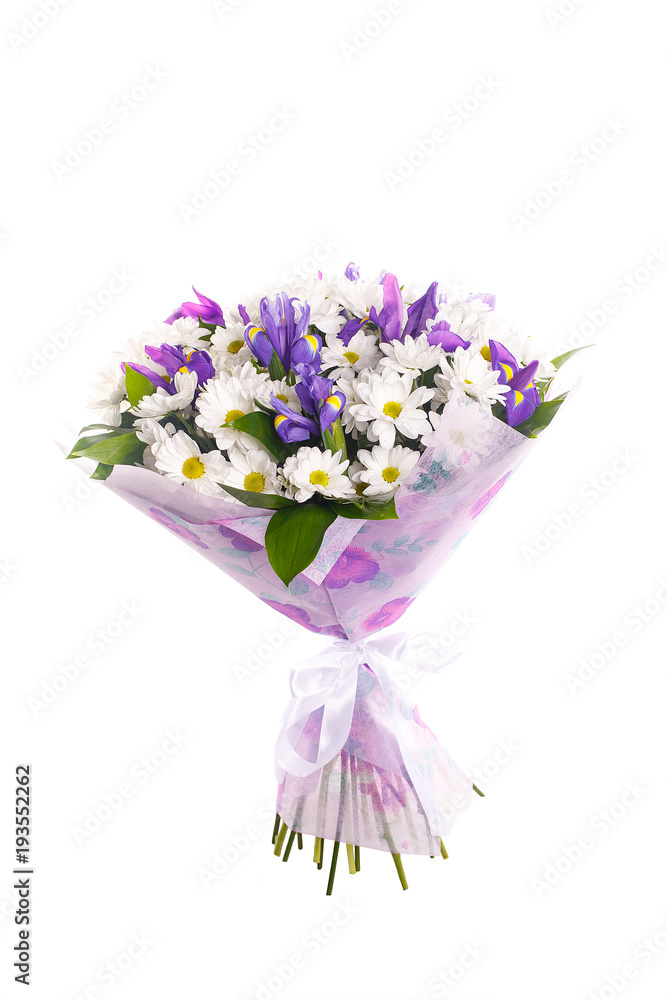Obraz premium Bouquet of flowers from white chrysanthemums, chamomiles and violet irises, russus, lilac package, white ribbon. Color, contrast. A holiday, a gift for a woman. Smart. Side view. Isolated