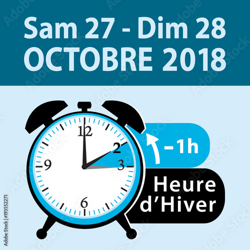 Nuit du 27 au 28 octobre 2018. passage à l'heure d'hiver. Illustration vectorielle avec réveil et date du calendrier III.