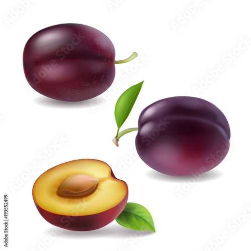 Realistic vector plum collection. Plums 3d icons isolated