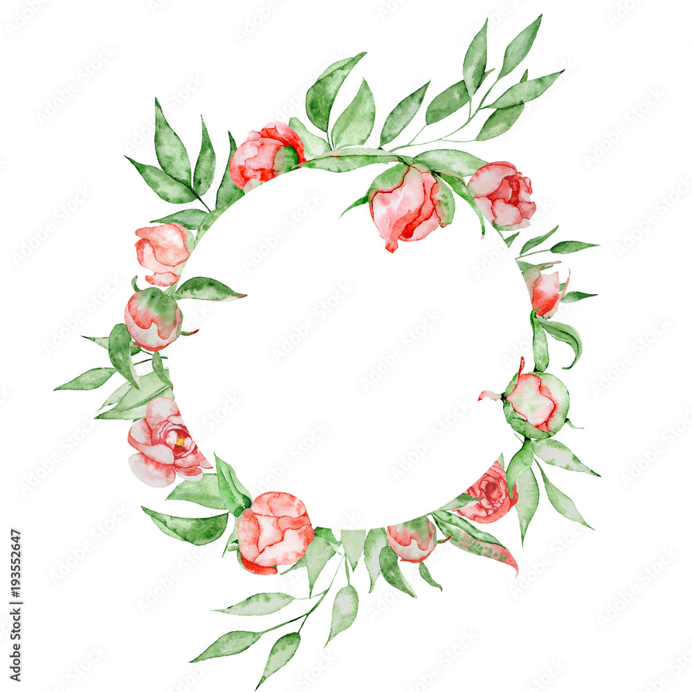 Fototapeta premium Romantic frame with flowers Card template. Watercolor peonies with green leaves on the white background. Hand drawn illustration.