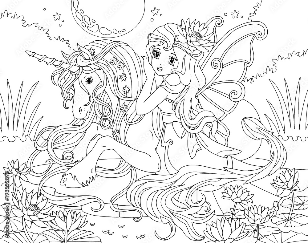 Coloring page Unicorn and Princess Stock Illustration   Adobe Stock