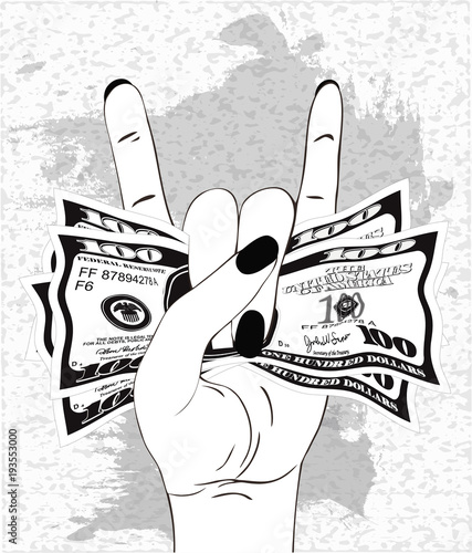 Heavy metal hand gesture with clutched currency USA. Rock-n-roll sign with crumpled money on textured gray background. Hand with several of bill one hundred dollars. Vector illustration.