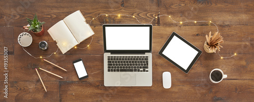 decorative office table with technological tools and light style. modern banner decoration.