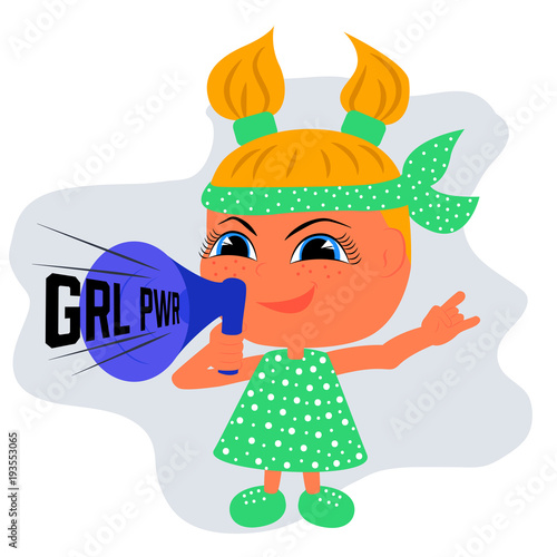 Girl in green dress with loudspeaker