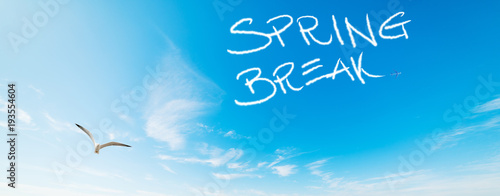 Billede på lærred Spring break written in the blue sky