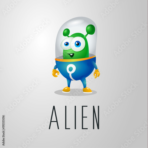 funny cartoon alien in the space suit, a friendly green Martian, character for the company in the modern 3D style