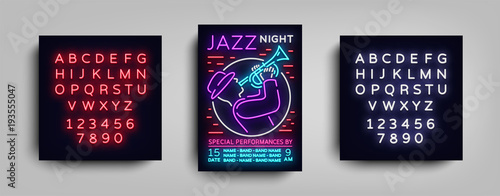 Jazz Music Festival Design Template Typography in Neon Style. Neon Sign, Bright Advertising, Flyer Invitation to the Party, Festival, Jazz Music Concert. Vector illustration. Editing text neon sign