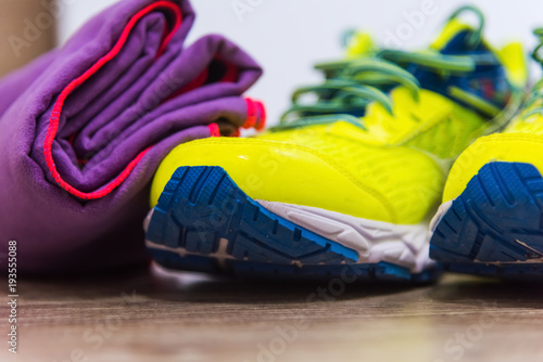 Close up of colorful running shoes