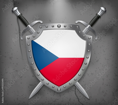 Flag of Czech Republic. The Shield with National Flag. Two Crossed Swords. Medieval Background