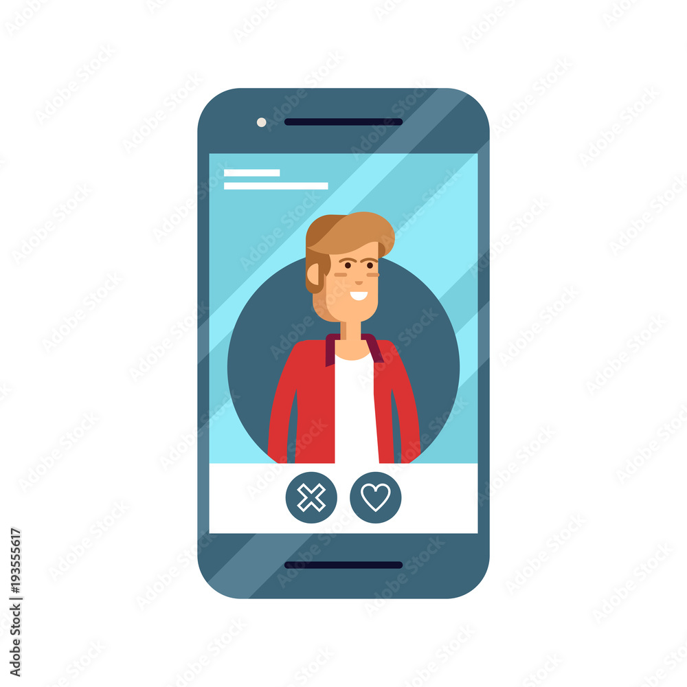 Cool flat vector concept on online application dating user. Phone with dating web site female profile on display with various icons around