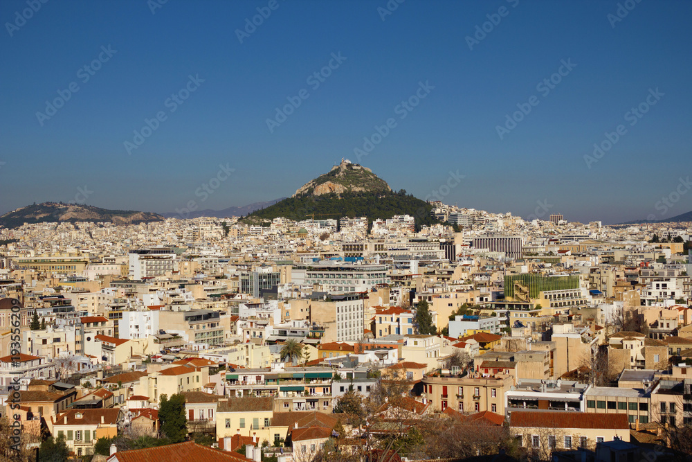 Panoramic view of Athens with Lycabettus hill in the background.
