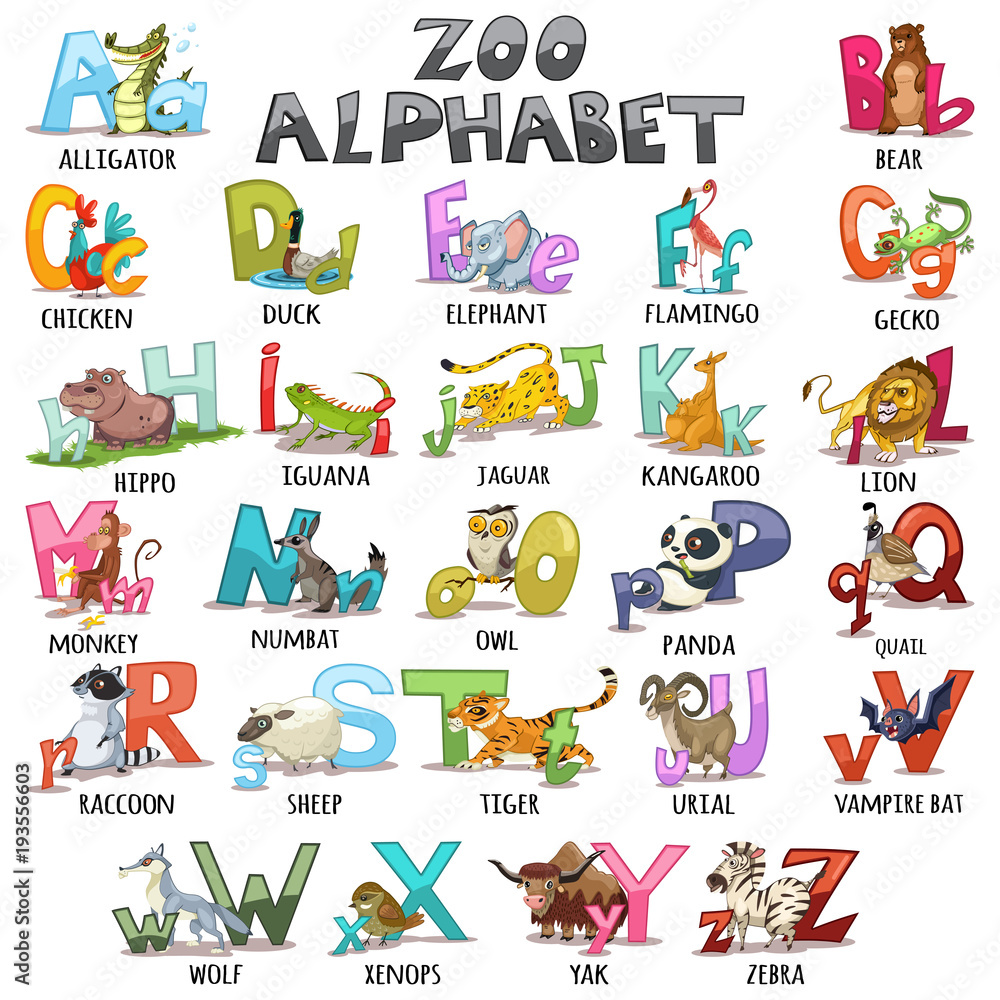 Alphabet for kids. ABC animals letters. Cartoon vector illustration for children's books, schoolbooks and education, isolated on white background.