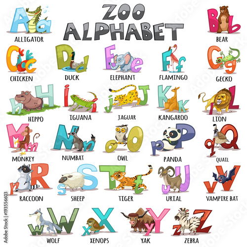 Fototapeta Naklejka Na Ścianę i Meble -  Alphabet for kids. ABC animals letters. Cartoon vector illustration for children's books, schoolbooks and education, isolated on white background.