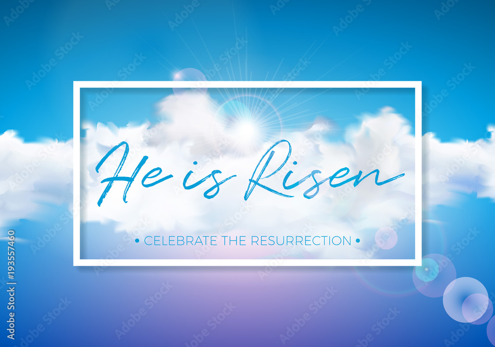 Easter Holiday illustration with cloud on blue sky background. He is risen. Vector Christian religious design for resurrection celebrate theme.