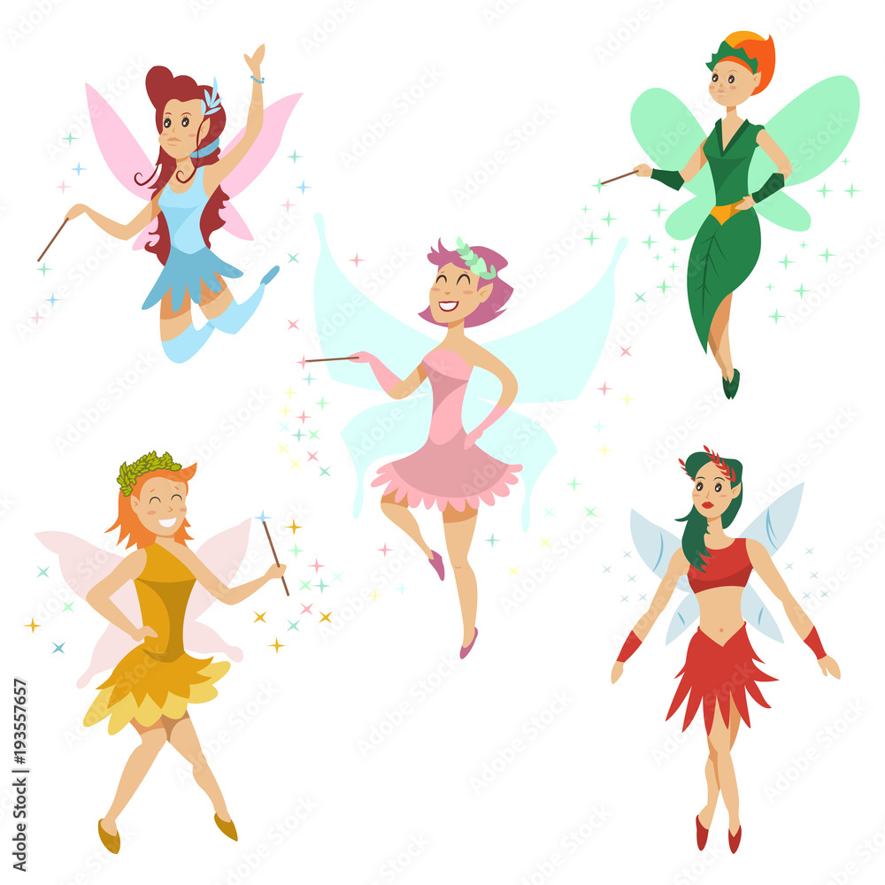 Cute fairy vector cartoon set. Funny flying girl character with butterfly wings and magic dust. Illustration of a tale princess isolated on white background. Cute fairy vector cartoon set. Funny flying girl character with butterfly wings and magic dust. Illustration of a tale princess isolated on white background.