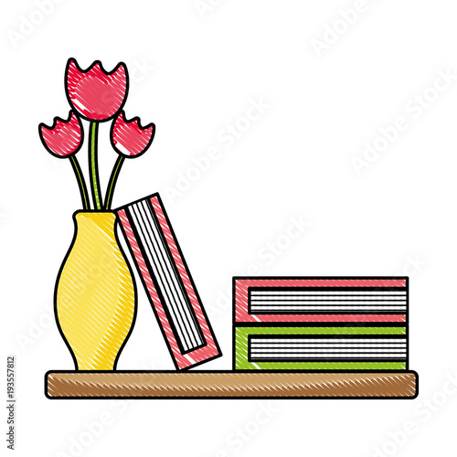 grated wood shelf with flowers inside jar and books