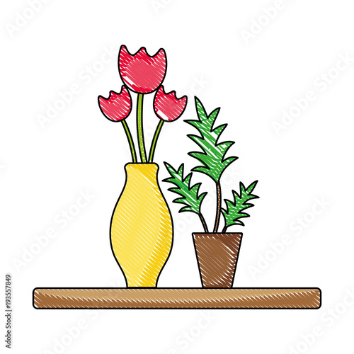 grated wood shelf with flowers inside jar and plants