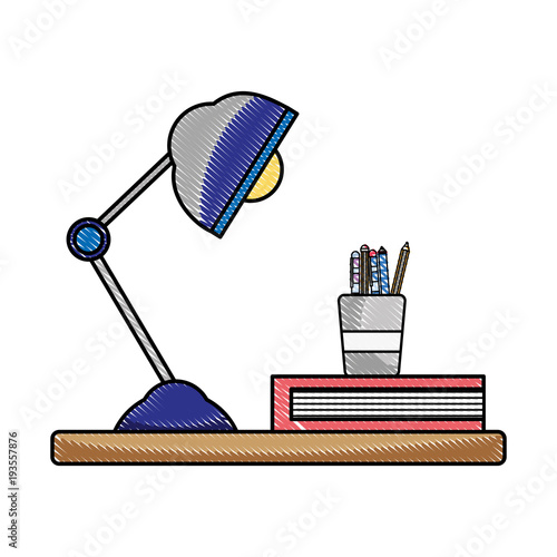 grated wood shelf with desk lamp and office utensils