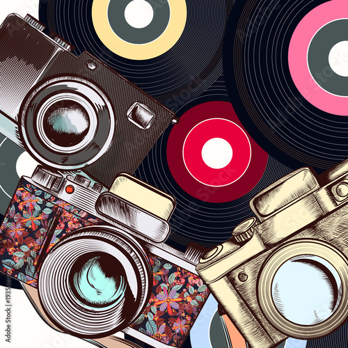 Fashion illustration with camera and hipster retro discs