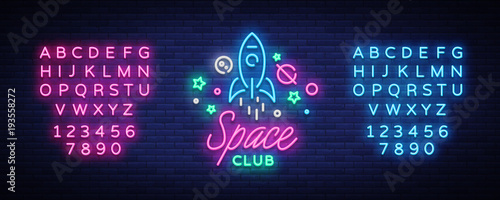 Space nightclub logo in neon style. Neon Sign, Light Banner, Night Bright Night Club Advertising. Disco. Design template for invitation party. Vector illustration. Editing text neon sign