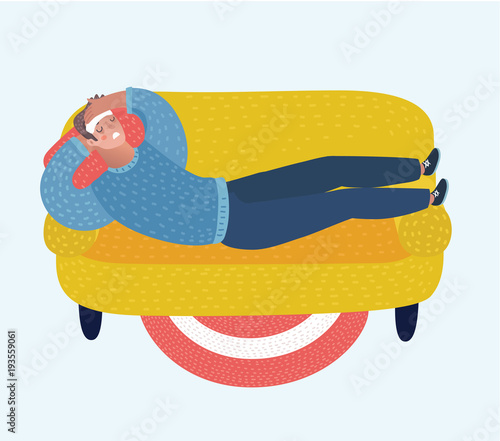 Vector illustration of cartoon man lying with a compress on the forehead on sofa and suffering with headache