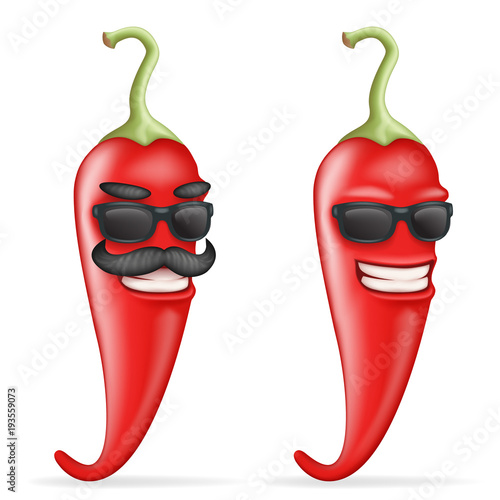Red cool hot chili pepper sunglasses mustache happy character realistic 3d cartoon design vector illustration