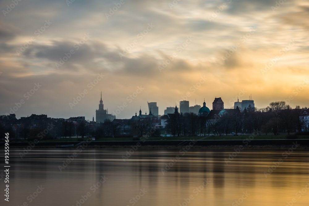 Sunset on the Vistula and downtown of Warsaw, Poland