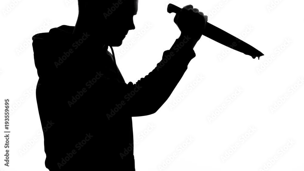 Aggressive Killer Holding Sharp Bloody Knife Murder Weapon Danger And