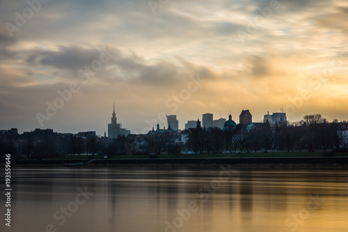Sunset on the Vistula and downtown of Warsaw  Poland