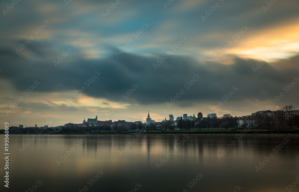 Sunset on the Vistula and downtown of Warsaw, Poland