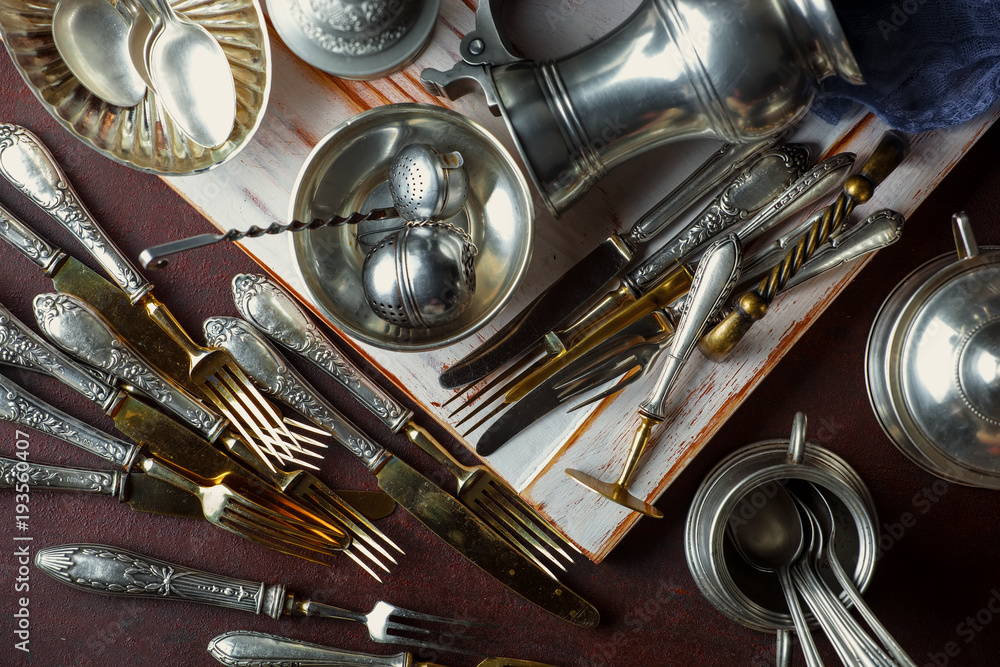 Old silver dishes with accessories for the kitchen Old silver dishes with accessories for the kitchen