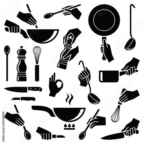 Cooking and kitchen tool with hand icon collection - vector silhouette illustration