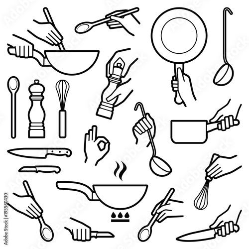 Cooking and kitchen tool with hand icon collection - vector outline illustration