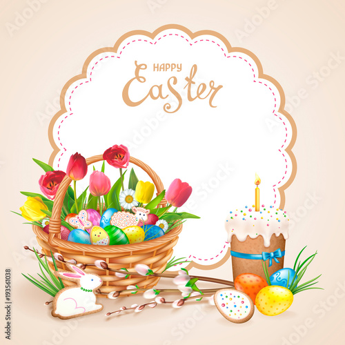 Easter composition with realistic glossy eggs and cookies in the form of eggs, chicken, Bunny, lamb in basket. Wllow twigs, easter cake with candle, flowers daisy and tulips. Inscription Happy Easter