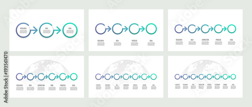 Business presentations. Timeline infographics with 3, 4, 5, 6, 7, 8 steps, options, arrows. Vector template.