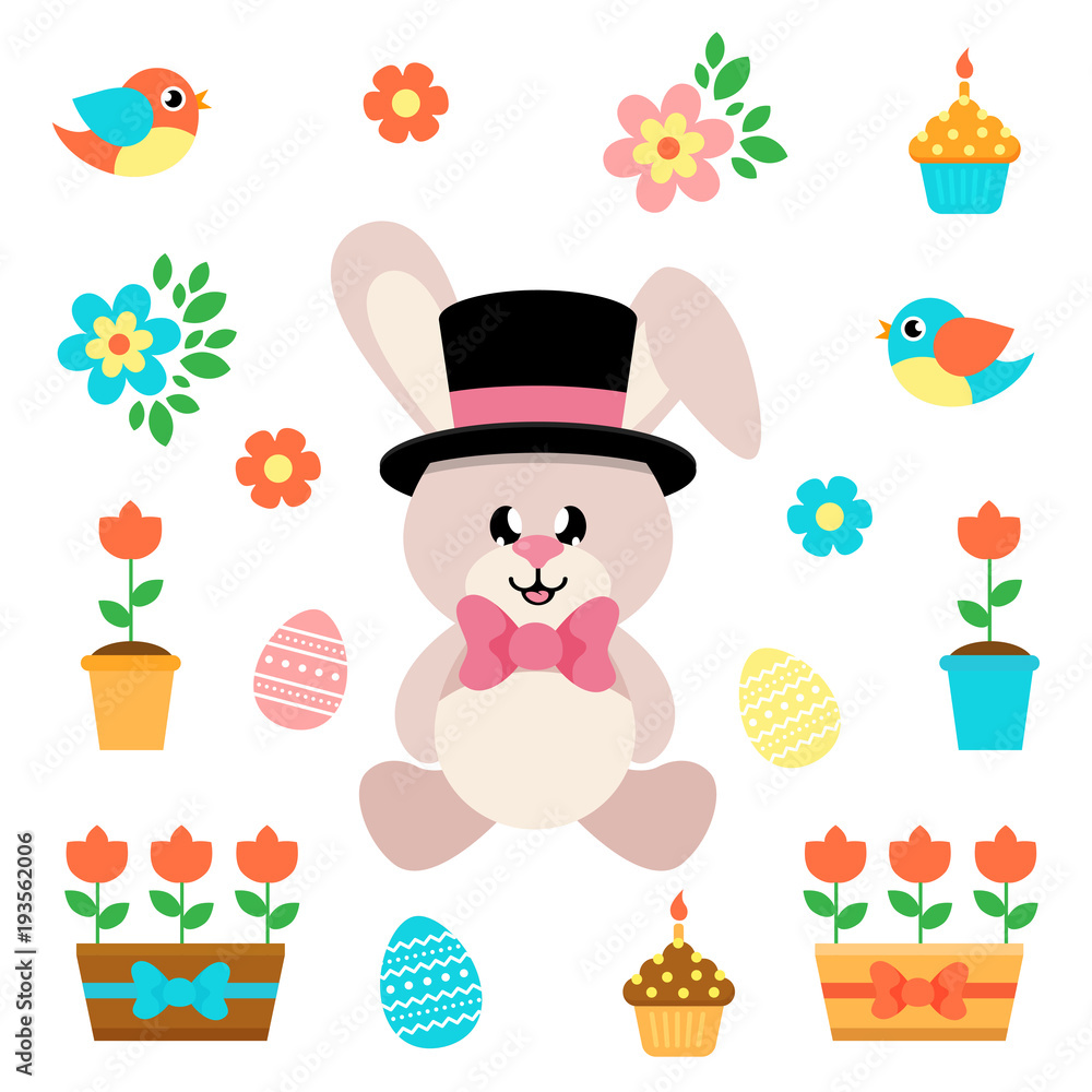 cartoon easter elements with bunny sitting in hat and tie cartoon easter elements with bunny sitting in hat and tie