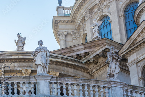 Traditional statues on the building of National Theater in Budapest