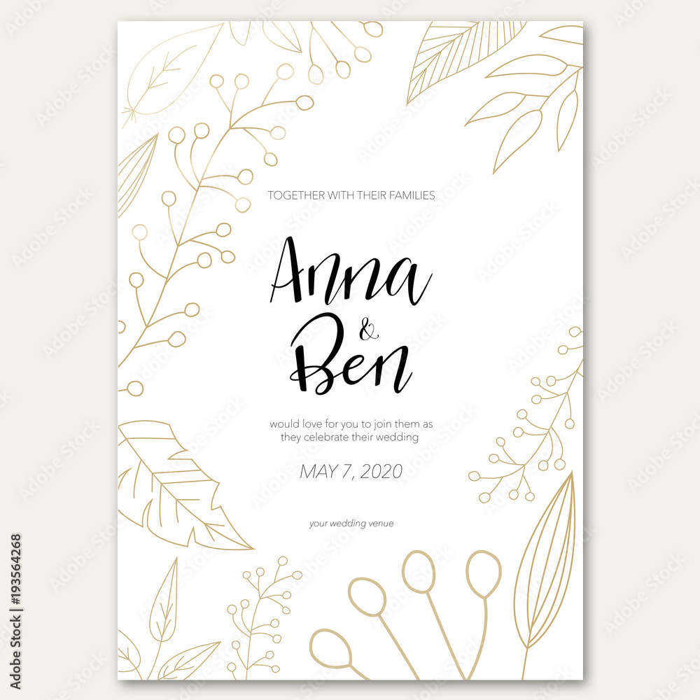 Wedding invitation with golden flowers