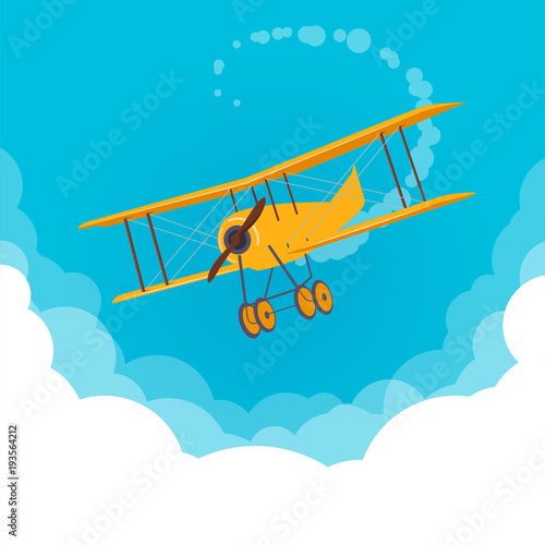 Retro biplane in the cloudy sky. Yellow airplane flying in a blue sky. Flat vector illustration