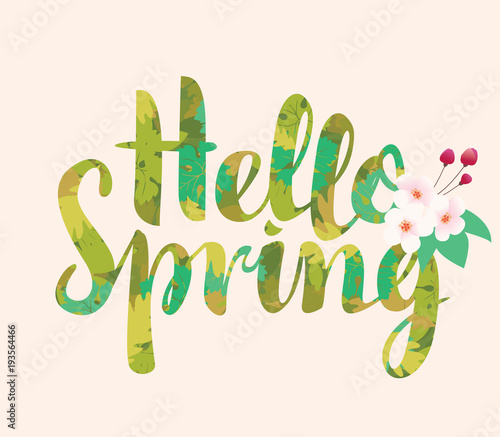 Vector calligraphic inscription Hello Spring in color of different green leaves. Can be used for flyers, banners or posters