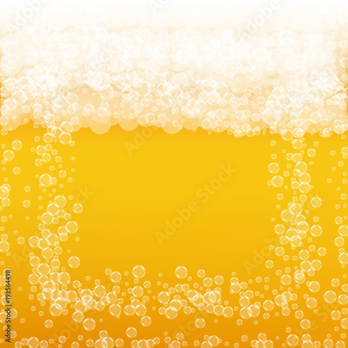 Beer background with realistic bubbles. Cool liquid drink for pub and bar menu design, banners and flyers. Yellow square beer background with white frothy foam. Cold glass of ale for brewery design.