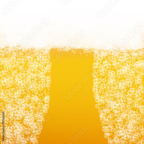 Beer background with realistic bubbles. Cool beverage for restaurant menu design, banners and flyers. Yellow square beer background with white frothy foam. Cold pint of golden lager or ale.