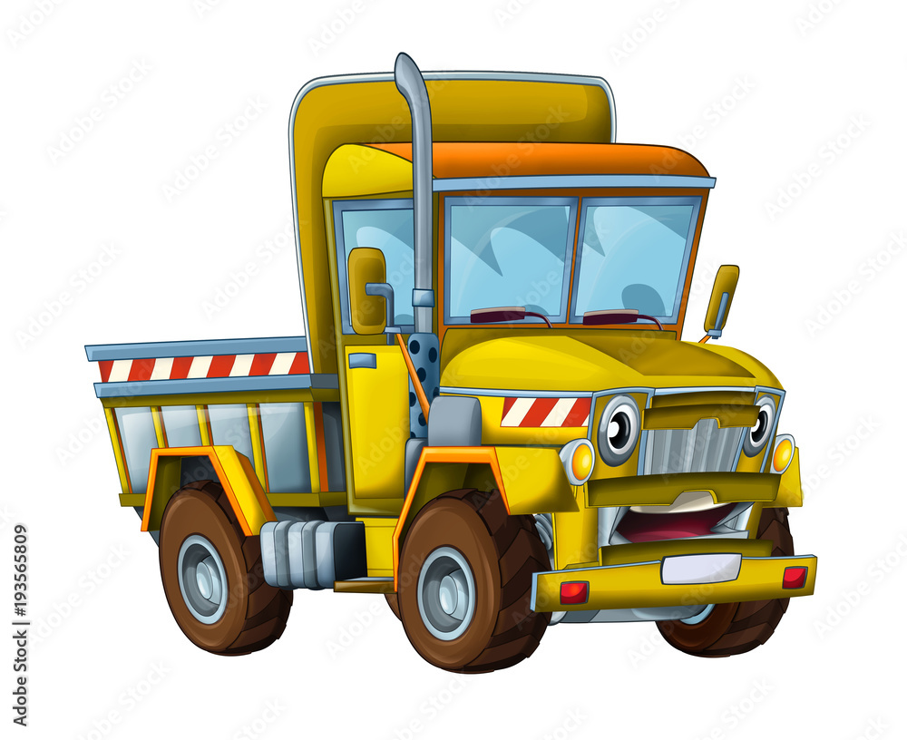 Obraz premium cartoon happy and funny construction site truck - on white background / smiling vehicle - illustration for children