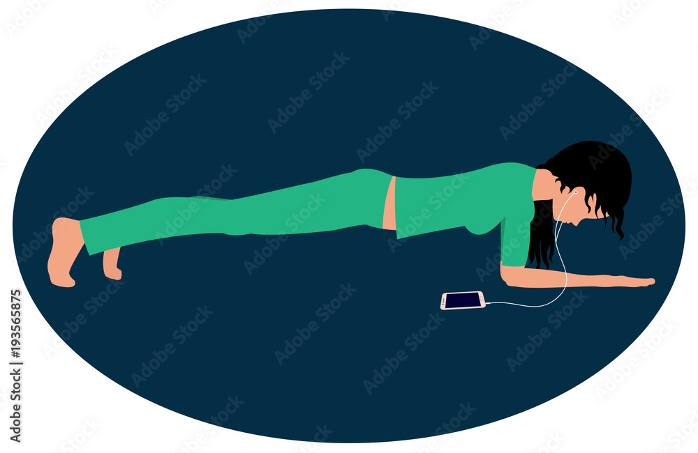 Girl doing an exercise plank on dark blue background