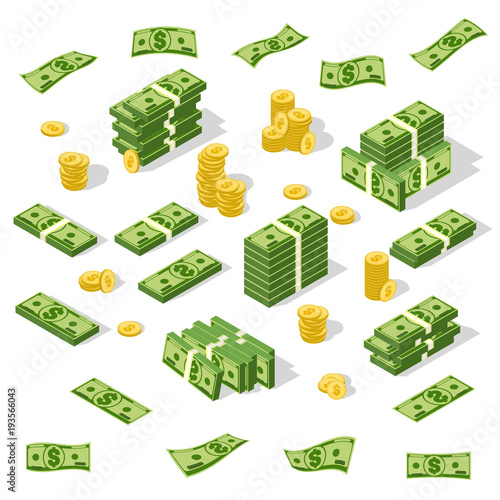 Set of isometric money isolated on white background.