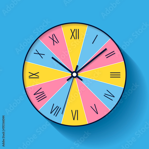 Colorful Clock icon in flat style with Roman numerals. Minimalistic timer on color background. Business watch. Vector design element for you project