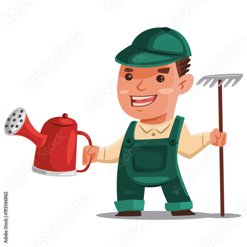 Gardener man in a green working suit with a watering can and a rake for processing of soil. Vector cartoon illustration isolated on white background.